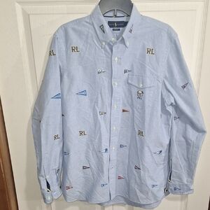 Ralph Lauren Button Down Shirt - Light Blue - Embroidered Flag Pennants - L